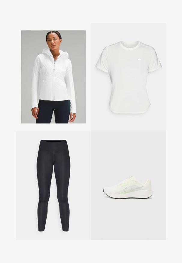 Valge kergest zip-up jope, millel on kapuuts, tekstuuriga viimistlus ja varrukates sõrmeaugud. Koos siniste retuusidega.; Nike T-särk valgetes toonides, lühikeste varrukatega, ümar kaelus, valmistatud siledast ja kergest kangast. Rinnal on peene logo.; Mustad mustad, mis on valmistatud siledast ja venivast kangast. Kõrge vöökoht, ilma nähtavate mustrite või aksessuaarideta. Sobivad tihedalt puusadelt kuni pahkluuni.; Nike Performance DOWNSHIFTER 13 - Maanteejooksu jalatsid - sail/silver-coloured photon dust/summit white/barely volt/black