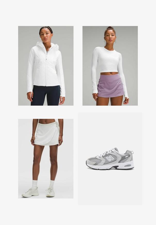 Chaqueta ligera blanca con cremallera y capucha, con un acabado texturizado y agujeros para los pulgares en las mangas. Combinada con leggins azul marino.; Top corto blanco de manga larga con tela texturizada, combinado con una falda atlética de capas en color lavanda. Diseño liso y ajustado sin patrones visibles.; Skort atlético blanco con diseño envolvente, fabricado en una tela suave. Presenta un lazo en el lado y se combina con zapatillas y calcetines de color claro.; Zapatillas deportivas gris con parte superior de malla y ante, cordones blancos y suela negra. Presenta un prominente logo de "N" y cuello acolchado.