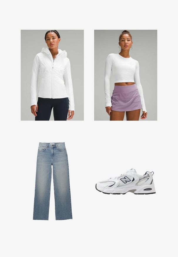 Hvid letvægtsjakke med lynlås og hætte, der har en tekstureret overflade og tommelfingerhuller i ærmerne. Kombineret med marineblå leggings.; Hvid cropped trøje med lange ærmer i tekstureret stof, parret med en lavendel, lagdelt sportsnederdel. Glat, tætsiddende design uden synlige mønstre.; Lyseblå brede jeans lavet af denim, med høj talje, frontlommer og knaplukning. Glat tekstur med slidte områder.; Hvide sportsko med netoverdel, marineblå detaljer og polstret sål. Har "N" logo, snørebånd og struktureret detalje på siden.