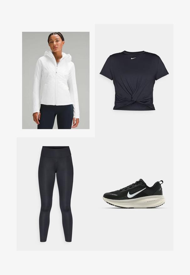 Biela ľahká bunda na zips s kapucňou, s textúrovaným povrchom a otvormi na palce v rukávoch. V kombinácii s námorníckymi legínami.; Čierne atletické tričko vyrobené z hladkej tkaniny, so zaväzovaným predným dizajnom a malým bielym logom Nike na hrudi.; Čierne legíny vyrobené z hladkej, elastickej tkaniny. Vysoký pás bez viditeľných vzorov alebo akcentov. Úzke od pásu po členky.; Čierne bežecké topánky Nike s priedušnou sieťovinou, bielym logom s symbolom swoosh, textúrovanými detailmi a krémovou ZoomX medzipodrážkou.