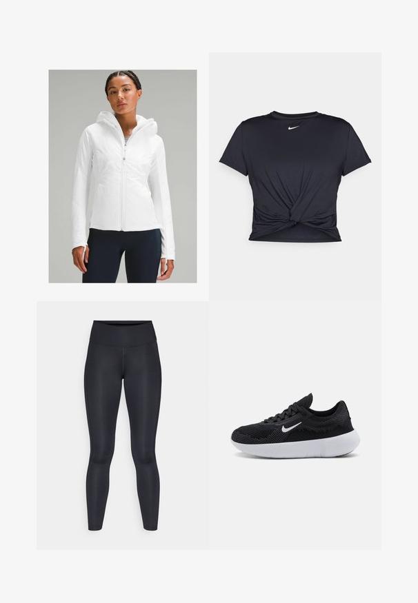 Valge kergest zip-up jope, millel on kapuuts, tekstuuriga viimistlus ja varrukates sõrmeaugud. Koos siniste retuusidega.; Mustmust musta sportlik T-särk, mis on valmistatud sujuvast kangast, millel on sõlmega esikülg ja väike valge Nike logo rinnal.; Mustad mustad, mis on valmistatud siledast ja venivast kangast. Kõrge vöökoht, ilma nähtavate mustrite või aksessuaarideta. Sobivad tihedalt puusadelt kuni pahkluuni.; Must mustusjalats musta värvi, pealmine osa on siidist võrgu materjalist, tekstuuriga disain, ümmargune varvas, valge kummist talla ja Nike logo küljel.