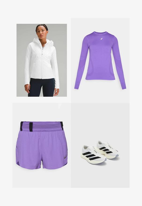 Witte lichtgewicht ritsjack met een capuchon, voorzien van een gestructureerde afwerking en duimgaten in de mouwen. Gecombineerd met marineblauwe leggings.; Langemouwen sporttop van lichtpaarse stof, met een aansluitend ontwerp, ronde hals en subtiele textuur met logo-detail op de borst.; ASICS METARUN SPLIT SHORT - Korte broeken - edo purple; Witte sportieve schoenen met zwarte strepen en branding, met een bovenkant van mesh, een ronde neus en een dikke crème zool voor demping.