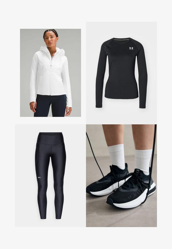 Balts vieglais zip-up jaka ar kapuci, ar teksturētu apdari un aprocēm ar vietām īkšķiem. Apvienots ar tumši ziliem legingiem.; Melna garām piedurknēm sporta krekls, izgatavots no izlīdzinātas auduma, ar apaļu kakla izgriezumu un mazu baltu logotipu kreisajā krūtī.; Melnas leginses, kas izgatavotas no gluda, elastīga materiāla ar augstām jostām. Ir balta logo kreisajā augšstilbā un pieguļoša piegriezuma dizains.; Melni sporta apavi ar strukturētu audumu, balta zole un melni šņores. Valkāti ar baltām ribotām zeķēm, stāvot uz gaišas virsmas.