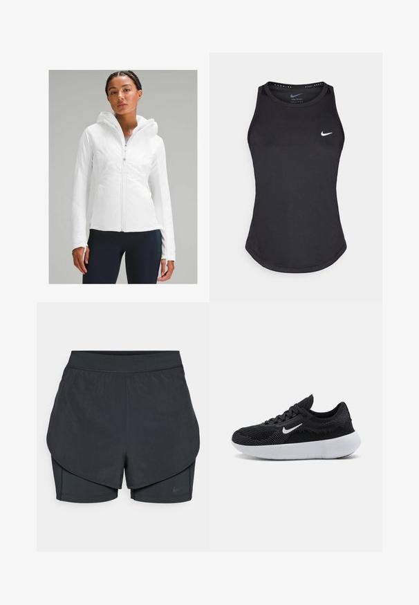 White zip-up lightweight jacket with a hood, featuring a textured finish and thumbholes in the sleeves. Paired with navy leggings.; Black athletic tank top made from moisture-wicking material. Features a round neckline, slim fit, and white Nike logo on the chest.; Black athletic shorts with a layered design, featuring a smooth outer layer and fitted inner shorts. Made of lightweight, stretch fabric.; Black athletic shoe with a mesh upper, textured design, round toe, white rubber sole, and a Nike logo on the side.