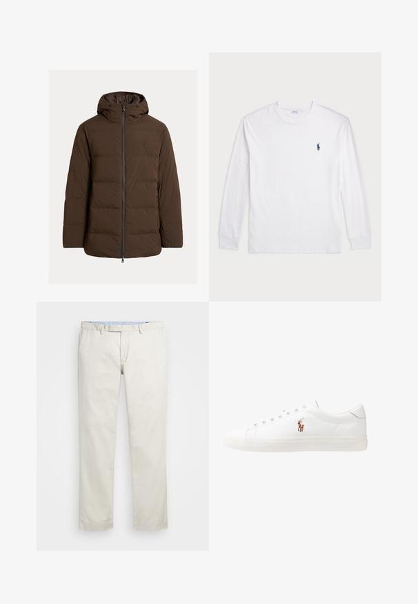 Ruda paminkštinta striukė su gaubtu, su užtraukiama priekyje ir šoninėmis kišenėmis, pagaminta iš lygaus audinio su horizontaliomis dygsniuotomis dalimis.; Balta ilgomis rankovėmis marškinėliai iš medvilnės. Gali būti apvalios formos kaklas, raukšlės ant rankovių, ir nedidelis tamsiai mėlynas polo logotipas kairėje krūtinės pusėje.; Šviesiai rudi medvilniniai chinos tipo kelnės su plokščiu priekiniu dizainu, diržo kilpomis ir šoninėmis kišenėmis. Tiesaus kirpimo dizainas su lygiu paviršiumi ir lengvu, kvėpuojančiu jausmu.; Baltos odinės sportbačiai, žemo profilio, su lygia tekstūra, apvalia nosimi, raištelių sistema priekyje ir mažyte siuvinėta logo šone.