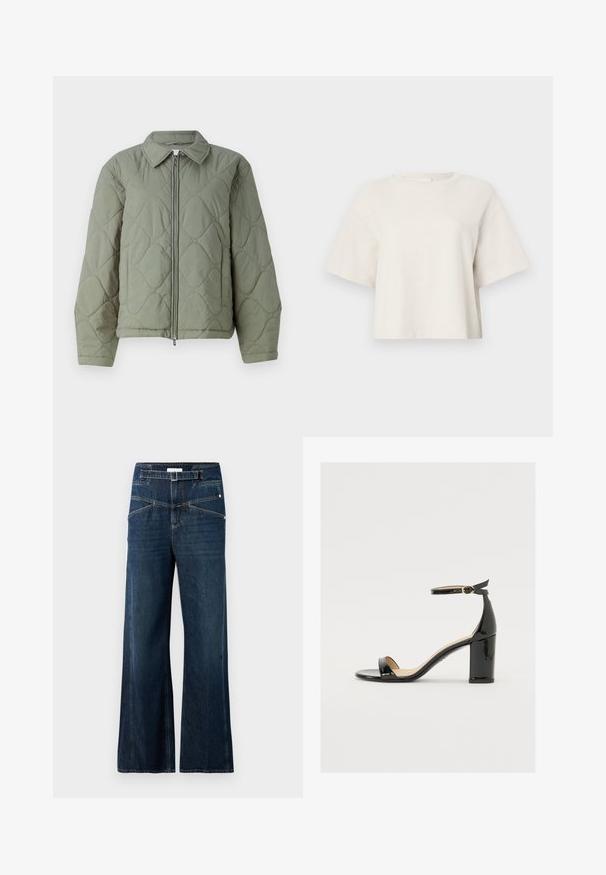 Zeleno prešito jakno z zadrgo, z ovratnikom in zaobljenimi oblikami. Tekstura materiala, sproščen fit in elastični zapestniki.; Kremna skrajšana majica narejena iz rebraste tkanine, z okroglim izrezom in kratkimi rokavi ter sproščenim krojem.; Široke hlače iz temnorjavega denima, z visokim pasom, dvema sprednjima žepoma in kontrastnimi šivi.; Črne patentirane sandale s široko peto, odprtim prstom in trakovi okoli gležnja, ki imajo zlat zajemalec. Gladka tekstura in eleganten dizajn.