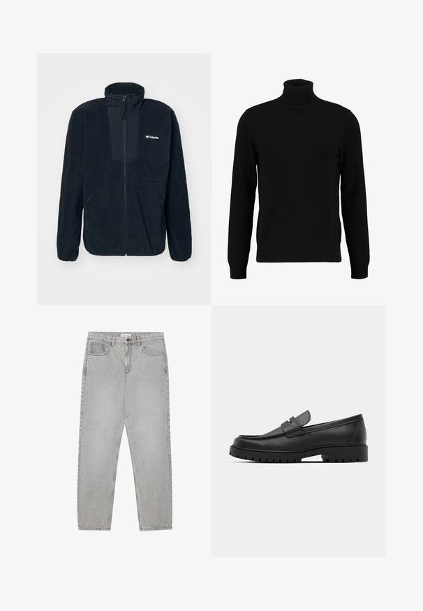 Columbia SEQUOIA GROVE™ FULL ZIP - Fleecejacke - black/ancient fossil; Schwarzer Rollkragenpullover aus weichem Strickmaterial. Mit langen Ärmeln, geripptem Kragen und Saum. Schlichtes, elegantes Design ohne Muster.; Helle graue Jeanshose mit gerade geschnittenem Design, Fünf-Taschen-Stil und Knopfverschluss. Sichtbare Nähte entlang der Seitennähte.; Schwarze Lederloafer mit runder Zehenform, ausgestattet mit einem gesteppten Design, niedrigem Plattformsohle und einer strukturierten, genoppten Gummisohle.