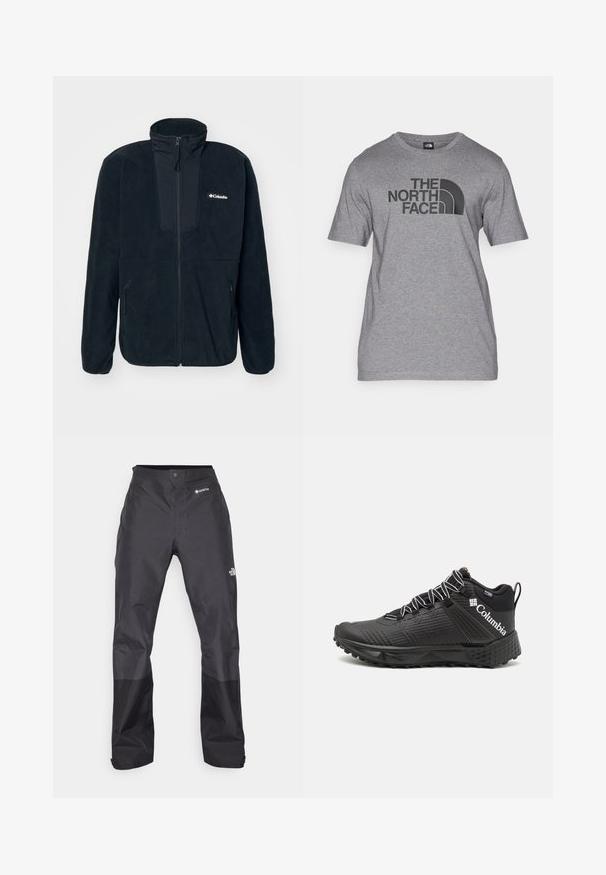 Columbia SEQUOIA GROVE™ FULL ZIP - Fleece jacket - black/ancient fossil; Gray short-sleeve t-shirt made of cotton blend, featuring a black graphic print of "THE NORTH FACE" and a curved logo detail on the front.; Black waterproof pants with a smooth texture, featuring a GORE-TEX logo on the front, and reinforced lower legs for durability.; Black athletic shoes with textured upper, contrasting white laces, and Columbia logo on the side. Features a rugged sole for traction.