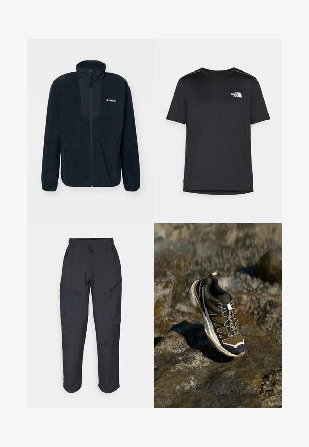 Columbia SEQUOIA GROVE™ FULL ZIP - Forro polar - black/ancient fossil; Camiseta negra de manga corta hecha de tejido ligero. Presenta un pequeño logo blanco en el lado izquierdo del pecho y sutiles acentos en los hombros.; Pantalones cargo negros hechos de un material ligero y resistente al agua; cuentan con una cintura elástica, múltiples bolsillos con cremallera y piernas ajustadas.; Zapato de senderismo en verde oliva y negro con toques de rosa. Cuenta con una parte superior texturizada, suela flexible, capuchón de punta reforzado y un sistema de cordones colorido.