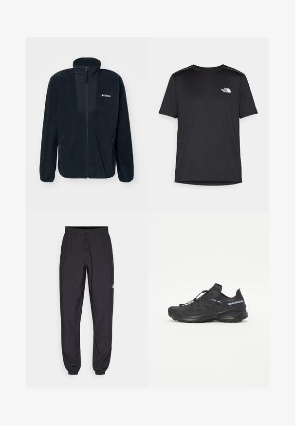 Columbia SEQUOIA GROVE™ FULL ZIP - Fleece jacket - black/ancient fossil; Black short-sleeve T-shirt made from lightweight fabric. Features a small white logo on the left chest and subtle shoulder accents.; Black athletic pants made from lightweight fabric, featuring a drawstring waistband, side pockets, and tapered cuffs at the ankles.; Black trail running shoe with a textured upper, elastic laces, and Contagrip outsole. Features a snug fit and protective toe cap.