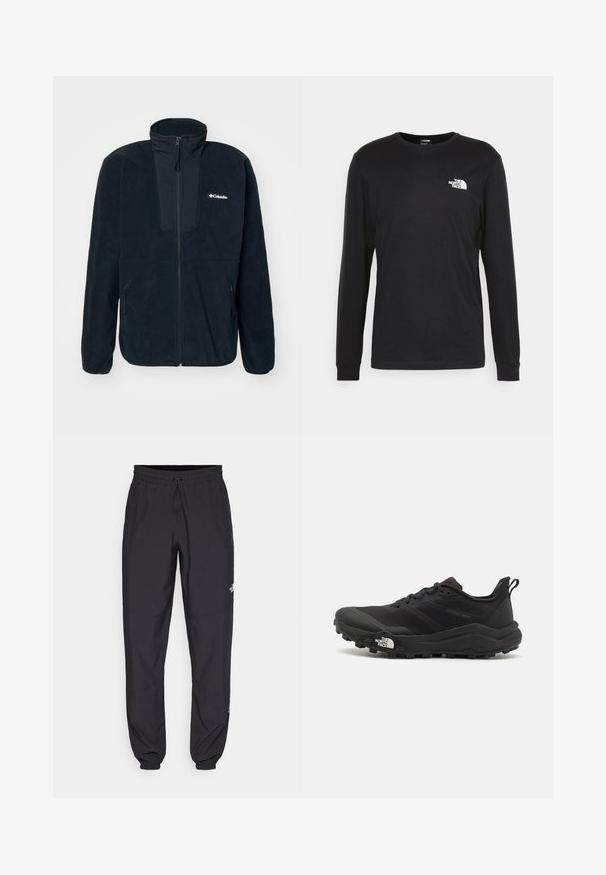 Columbia SEQUOIA GROVE™ FULL ZIP - Casaco polar - black/ancient fossil; Camisola de manga longa preta feita de algodão, com um logo branco no lado esquerdo do peito e punhos canelados. Textura suave com decote redondo.; Calças atléticas pretas feitas de tecido leve, com um cós ajustável por cordão, bolsos laterais e punhos afunilados nos tornozelos.; Sapatilha de trail running preta com um upper texturizado, sola de borracha e biqueira reforçada. Possui um colarinho acolchoado e uma alça para facilitar o calçar.