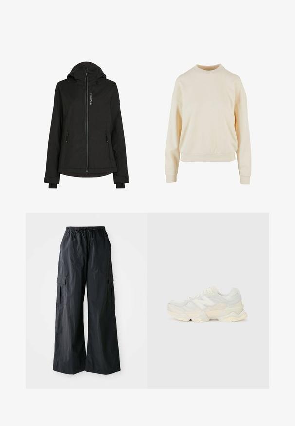 Must mustangaga kapuutsiga must isoleeritud jope, millel on ees lukku, kaks küljetaskut, reguleeritavad mansetid ja logo rinnal. Sujuv tekstuur.; Kreemikarva crewneck-sweatshirt pikki varrukatega, lõdva istuvusega, ribadega mansettide ja sileda tekstuuriga, rõhutades disaini lihtsust.; Musthave musträpitud mustad kargo püksid, mis on valmistatud kergest kangast. Laiad jalad, elastne vöökoht ja mitmed küljetaskud. Lihtne ja funktsionaalne.; Kerge tenniseking, mille pealis on valmistatud võrgust ja seemisnahast pehmes kreemitoonis, koos paksu tallaga ja kolmemõõtmeliste aktsentidega.