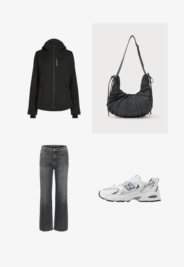 Schwarze Isolierjacke mit Kapuze, ausgestattet mit einem Frontreißverschluss, zwei Seitentaschen, verstellbaren Bündchen und einem Logo auf der Brust. Glatte Textur.; Schwarzes asymmetrisches Trägeroberteil mit dünnen Trägern, das eine zarte Spitzenverzierung entlang des Ausschnitts, einer diagonalen Naht und dem Saum aufweist.; Weite Jeans aus dunkelgrauem Denim mit klassischem Fünf-Taschen-Design, genähten Details und einem Knopfverschluss an der Taille.; Weißer Sportschuh mit Mesh-Obermaterial, navyblauen Akzenten und gepolsterter Sohle. Verfügt über das "N"-Logo, Schnürsenkel und eine strukturierte Detailverarbeitung an der Seite.; Schwarze, weiche Stoff-Schultertasche mit gerafften Details, verstellbarem Tragegurt und gebundenen Kordeln auf jeder Seite, auf einem weißen Hintergrund präsentiert.