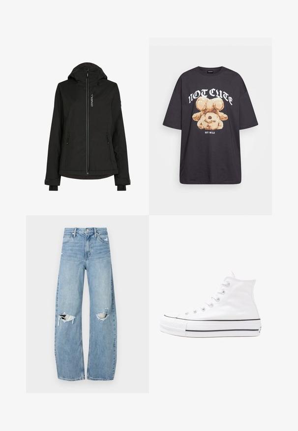 Zwarte geïsoleerde jas met een capuchon, voorzien van een ritssluiting aan de voorkant, twee zijzakken, verstelbare manchetten en een logo op de borst. Gladde textuur.; Zwart oversized t-shirt met een afbeelding van een beer en de tekst "NIET SCHATTIG, MAAR WILD" in grote, witte letters. Gemaakt van katoen.; Lichtblauwe, hooggeritste jeans van denim. Beschikken over wijde pijpen, twee gescheurde knievalken en klassieke vijfzakken styling.; Witte high-top canvas sneakers met een zwarte rubberen zool, een rubberen neuskap aan de voorkant en zes gaatjes voor veters, met een schone, minimalistische uitstraling.