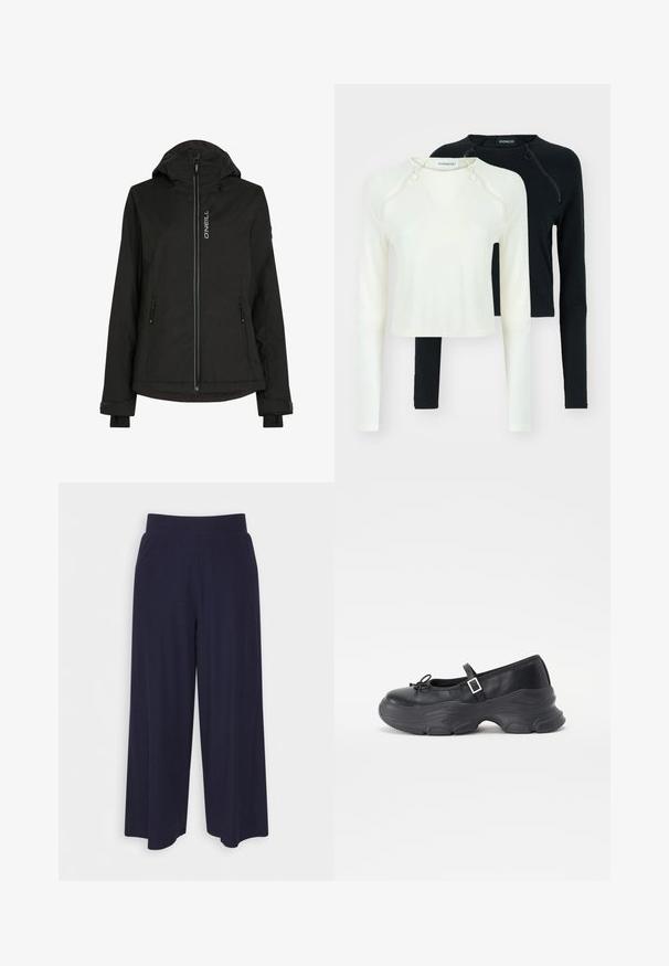 Black insulated jacket with a hood, featuring a front zipper, two side pockets, adjustable cuffs, and a logo on the chest. Smooth texture.; Two long-sleeve tops, one in white and one in black. Both feature round necklines and decorative zippers at the shoulder. Smooth fabric.; Wide-leg trousers in dark navy fabric with a ribbed texture. Features a smooth waistband and a flowy silhouette, reaching mid-calf length.; Black leather Mary Jane shoe with a rounded toe, bow detail, and an adjustable ankle strap. Features a chunky rubber sole with curved accents.