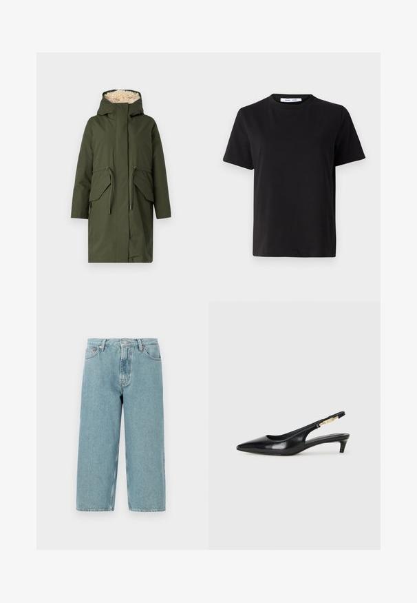 Olīvu zaļš parka ar vilnas oderi kapucei, divām priekšējām kabatām un regulējamām auklām. Gluda ārējā auduma virsma ar brīvu piegriezumu.; Melna īsām piedurknēm T-kreklu, kas izgatavots no mīksta kokvilnas, ar apļveida kakla izgriezumu, brīvu piegriezumu un gludu tekstūru. Nav redzamu rakstu vai grafikas.; Gai zila džinsu šorti ar augstu jostasvietu, taisnu griezumu un neapstrādātu apakšējo malu. Ietver klasisku pogu un rāvējslēdzēja aizdari, četras kabatas.; Melnas ādas slingback zābaki ar smailu purngalu, ar šauru papēdi un zelta krāsas akcentu uz regulējama siksniņas. Gluda tekstūra.