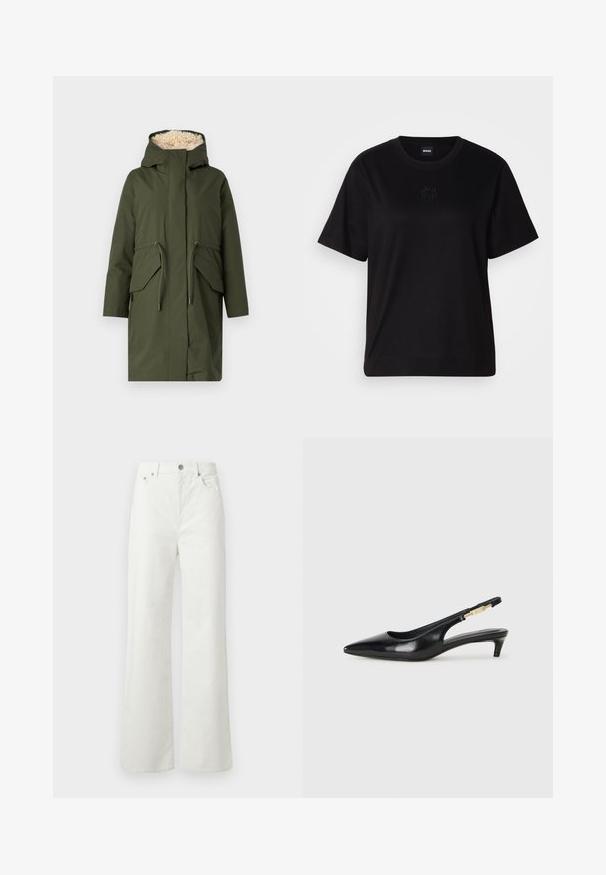 Parka verde olive cu glugă căptușită cu blană, două buzunare frontale și sireturi ajustabile. Material exterior neted cu o croială relaxată.; T-shirt negru din bumbac, cu guler rotund, mâneci scurte și un logo brodat pe piept. Design simplu, cu o croială relaxată și fără modele.; Samsøe Samsøe SHELLY - Blugi loose fit - clear cream; Sandale slingback din piele neagră cu vârf ascuțit, având un toc subțire și un accent de culoare aurie pe curea ajustabilă. Textură netedă.