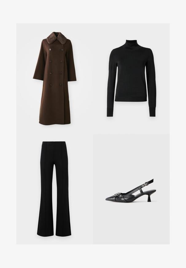 Pruun kahe nööbiga mantel karusnahkristiga, pikad varrukad ja sirge siluett. Sisaldab musti nööpe ja pehmet villa meenutavat tekstuuri.; Mustmusterta mustaga pikkade varrukatega kõrge kaelusega sviiter, millel on ribakudumisega mansetid ja äär, esitatud lihtsal valgel taustal.; Mustad põlvpüksid kõrge vöökohaga, valmistatud venivast kangast. Esiküljel on vertikaalsed õmblusdetailid ja sile tekstuur.; Must must have must toote tõmblukuga, dekoratiivsed rihmad metallist silmadega ja madal blokk-kand. Tekstureeritud pind.