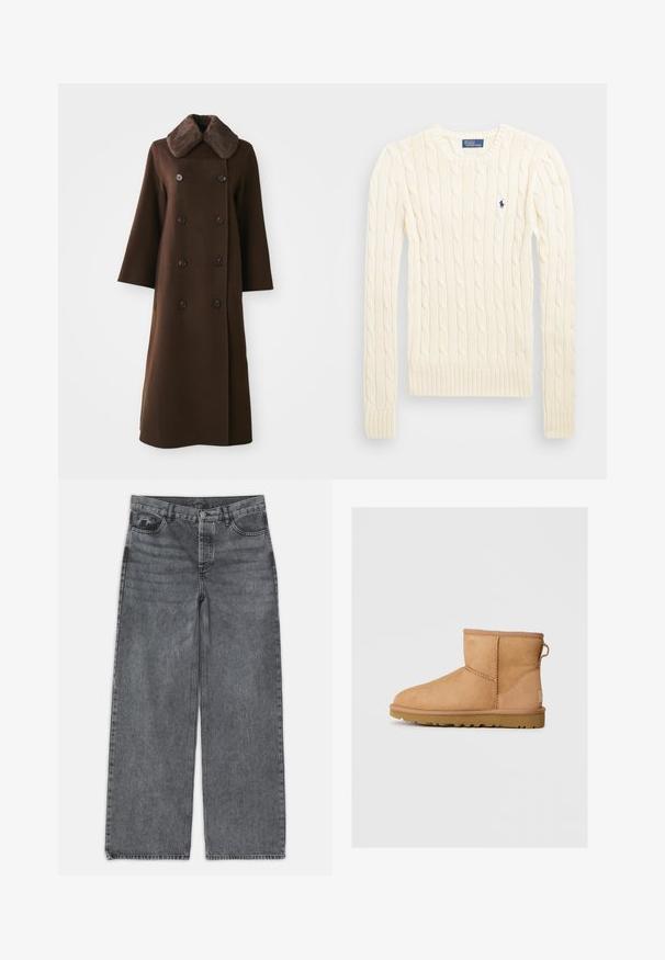Palton maro cu două rânduri de nasturi, guler din blană, mâneci lungi și siluetă dreaptă. Are nasturi negri și o textură moale asemănătoare lanii.; Pulover crem tricotat cu cablu, cu mâneci lungi, manșete și tiv ribdate, având un mic logo brodat pe pieptul stâng.; Jeans cu picioare largi din denim gri închis. Prezintă un talie înaltă, design cu cinci buzunare și închidere cu buton în față. Textură netedă cu o decolorare subtilă.; Botină din suede bej, cu vârf rotund, detalii cusute, buclă de prindere pe spate și talpă din cauciuc texturat. Proiectată pentru confort și căldură.