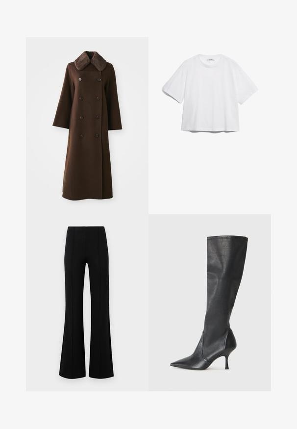Palton maro cu două rânduri de nasturi, guler din blană, mâneci lungi și siluetă dreaptă. Are nasturi negri și o textură moale asemănătoare lanii.; Tricou alb din bumbac, cu mâneci scurte, guler rotund, croială confortabilă și fără modele sau grafice vizibile. Textură netedă și design simplu.; Pantaloni negri evazați, cu talie înaltă, fabricați dintr-un material elastic. Prezintă detalii cu cusături verticale în față și o textură netedă.; Botine din piele neagră, până la genunchi, cu vârf ascuțit și toc subțire stiletto. Textură netedă, cu un design ajustat și cusături la marginea superioară.