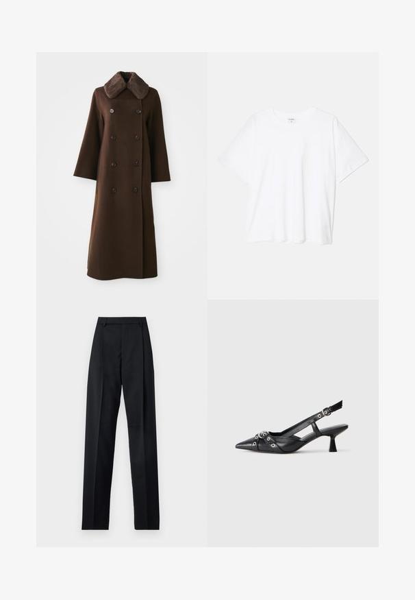 Hnědý dvouřadý kabát s kožešinovým límcem, dlouhými rukávy a rovnou siluetou. Má černé knoflíky a jemnou vlněnou strukturu.; Bílý bavlněný tričko s krátkým rukávem, kulatým výstřihem, volným střihem a šitým lemem. Nálepka viditelná na vnitřní straně výstřihu.; Černé kalhoty vyrobené z hladké tkaniny, vybavené vysokým pasem, širokými nohavicemi, předními záhyby a klasickými poutky na opasek. Nejsou viditelné boční kapsy.; Černé kožené slingback boty s špičatou špičkou, dekorativními pásky s kovovými očky a nízkým blokovým podpatkem. Texturovaný povrch.