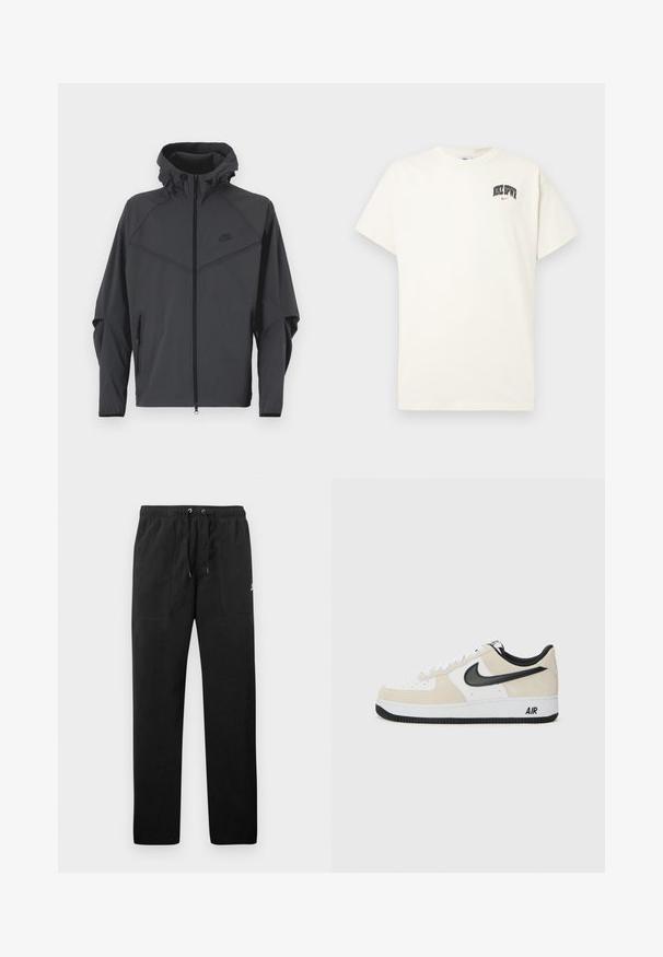 Μαύρο φούτερ με φερμουάρ και κουκούλα, με μακριά μανίκια και κομψό σχέδιο. Το υλικό είναι λείο, διαθέτει πλευρικές τσέπες και λογότυπα.; Κρεμ μπλούζα από βαμβάκι με κοντά μανίκια, με το λογότυπο "NIKE SB" σε μαύρο και κόκκινο χρώμα στο στήθος. Κανονική στρογγυλή λαιμόκοψη.; Μαύρο παντελόνι φόρμας από φλις, με ελαστική μέση και κορδόνια, δύο μπροστινές τσέπες και μικρό λογότυπο στο μηρό.; Αθλητικά παπούτσια με ανοιχτό μπεζ σουέτ και λευκό δέρμα στην πάνω μεριά, μαύρο σήμα Nike, μαύρες λεπτομέρειες και λευκή καουτσούκ σόλα που φέρει την επωνυμία "AIR".