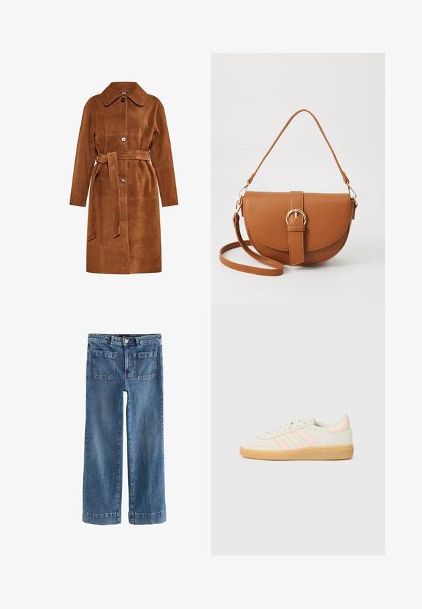 Brūns zamšs mētelis ar klasisku apkakli, vienu pogu aizdari un atbilstošu jostu. Iespējamas sānu kabatas un taisna piegriezuma.; Brūns, masīvs adīts turtlenecks džemperis ar ribotām apkakli un apakšu. Iezīmes garās piedurknes un brīvu piegriezumu, izgatavots no mīkstas tekstilvielas.; Platas kājas zila džinsu bikses ar gaišu mazgāšanu, ar divām aizmugures kabatām un salocītiem piegaliem. Izturīga auduma, ar gludu tekstūru.; Ādas sporta kurpes ar krēmkrāsas augšdaļu, gaiši rozā trīs svītrām un gumijas zoli. Mežģīšu dizains ar izšūtām akcentēm un zīmolu.; Brūns ādas plecu soma ar izliekta formu, zelta piederumiem un sprādzes akcentu. Iesaiņota ar noņemamu plecu siksnu.