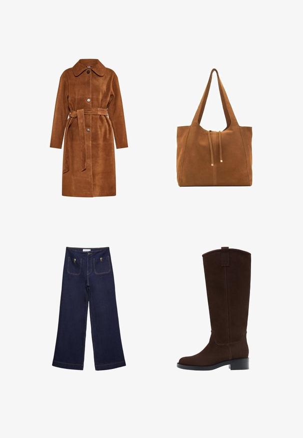 Hnedý semišový trench coat s klasickým golierom, jedným gombíkom na zapínanie a zodpovedajúcim opaskom. Má bočné vrecká a rovný strih.; Mäkký béžový sveter s dlhým rukávom a okrúhlym výstrihom, s rebrovými rukávmi, spodným lemom a výstrihom, vystavený položený na bielom pozadí.; Tmavomodré džínsové široké nohavice s dvoma prednými vreckami, viditeľným prešitím a zapínaním na gombík. Majú rovný strih a roztrhnutý lem.; Hnedé semišové čižmy po kolená s okrúhlou špičkou, jemným prešívaním a nízkym blokovým podpätkom; majú pútko na hornom okraji pre jednoduché obúvanie.; Hnedá semišová taška cez rameno s dvoma dlhými popruhmi, sťahovacou šnúrkou a minimalistickým dizajnom. Hladký povrch a žiadne viditeľné kovové doplnky.