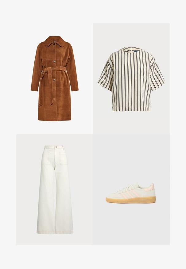 Hnědý suède trenčkot s klasickým límcem, zapínáním na jeden knoflík a ladícím páskem. Obsahuje boční kapsy a rovný střih.; Krátký rukáv, pruhované tričko ve krémové a námořnické barvě, s kulatým výstřihem a širokým střihem z texturovaného materiálu.; Džíny s širokými nohavicemi v off-white denim. Vysoký pas s knoflíkovým zapínáním, dvě přední kapsy a detaily kontrastního šití.; Semišové tenisky s krémovým svrškem, světle růžovými třemi pruhy a gumovou podrážkou. Šněrovací design se šitými detaily a brandingem.