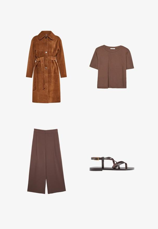 Rjav suedin plašč s klasičnim ovratnikom, samostojnim zapiranjem na gumb in usklajenim pasom. Ima stranske žepke in ravno rez.; Rjava kratka majica s kratkimi rokavi iz mehkega materiala, s krožnim izrezom in ohlapnim krojem. Brez vidnih vzorcev ali dodatkov.; Rjave široke hlače z gladko teksturo, ki imajo visok pas in sprednje naborke. Tkanina je lahka in prosto pada.; Rjav usnjen sandal z načinom prečnega črta, zaklepom okoli gležnja in ravnim podplatom z minimalnimi šivi.