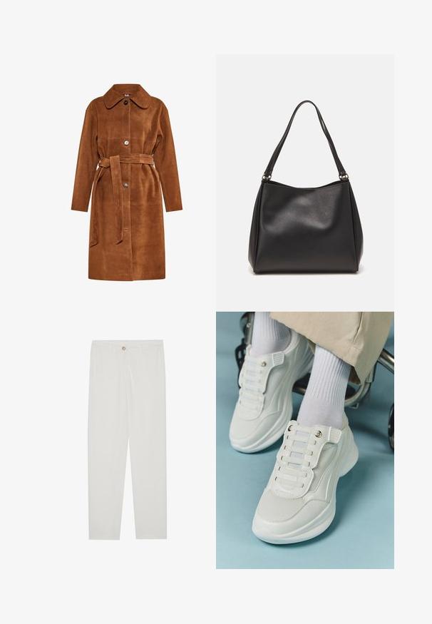 Ruskea samettinen trench-tyylinen takki klassisella kauluksella, yksittäisellä napilla kiinnitys ja yhteensopiva vyö. Ominaisuuksiin kuuluu sivutaskut ja suora leikkaus.; Valkoinen lyhythihainen T-paita, joka on valmistettu pehmeästä puuvillasta. Siinä on pyöreä kaula-aukko ja rento istuvuus. Siisti muotoilu ilman näkyviä kuvioita tai yksityiskohtia.; Valkoiset, muotoon ommellut housut, joissa on suora lahjerakenne, napillinen sulkeminen, vyölenkit ja sivutaskut; sileä kangas.; Valkoiset lenkkarit, joissa on verkkokangas, kumipohja, nauhattomuus elastisilla nauhoilla ja kultatäyteiset yksityiskohdat.; Mustapintainen synteettisestä nahasta valmistettu käsilaukku, jossa on pehmeä pinta, hobo-muotoinen muotoilu ja kaksinkertaiset olkahihnat; siinä on kiiltävä pinta ja minimalistinen muotoilu.