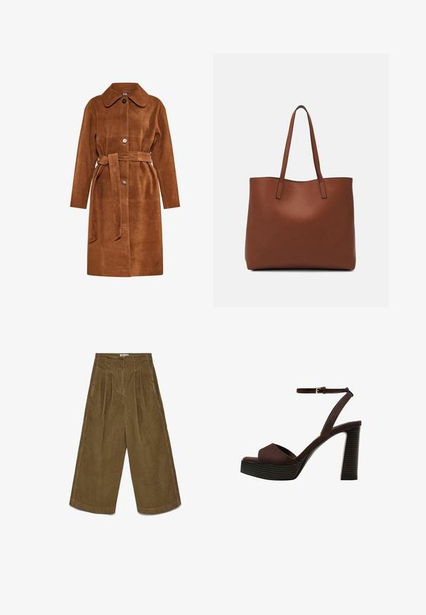 Hnědý suède trenčkot s klasickým límcem, zapínáním na jeden knoflík a ladícím páskem. Obsahuje boční kapsy a rovný střih.; Svetle béžové tričko s krátkým rukávem a kulatým výstřihem, vyrobené z jemné, hladké tkaniny. Má uvolněný střih a rovný lem.; Hnědé široké kordové kalhoty s vysokým pasem, předními sklady, bočními kapsami a zapínáním na knoflík.; Hnědé semišové sandály na vysokém podpatku s otevřenou špičkou, nastavitelným páskem kolem kotníku a proužkovou platformou.; Hnědá kožená taška přes rameno s hladkou texturou, otevřeným designem a dvěma ramenními popruhy. Obsahuje minimální švy a žádné viditelné kovové prvky.