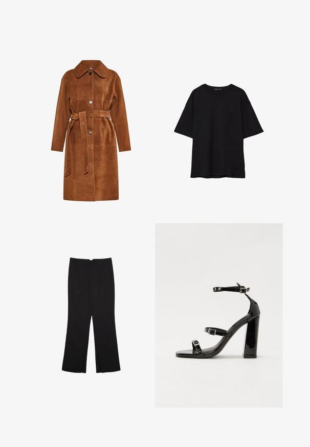 Smeđi suknjeni kaput od antilopa s klasičnim ovratnikom, jednim gumbom i odgovarajućim pojasom. Ima bočne džepove i ravni kroj.; Crna pamučna majica s opuštenim krojem, kratkim rukavima, okruglim izrezom i glatkom teksturom. Nema vidljivih uzoraka ili detalja.; Crne hlače ravnog kroja, s prednjim džepovima i bočnim prorezima na rubu. Izrađene od mekog i glatkog materijala. Pogodne za razne prigode.; Crne lakirane sandale na pete sa kvadratnim nosom, trakama oko gležnja i srebrnim kopčama. Imaju čvrst blok petu za stabilnost.