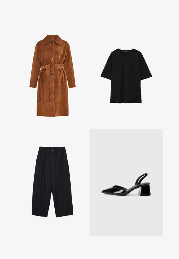Smeđi suknjeni kaput od antilopa s klasičnim ovratnikom, jednim gumbom i odgovarajućim pojasom. Ima bočne džepove i ravni kroj.; Crna pamučna majica s opuštenim krojem, kratkim rukavima, okruglim izrezom i glatkom teksturom. Nema vidljivih uzoraka ili detalja.; Crne poliester hlače culotte s elastičnim pojasom, dva prednja nabora i širokim krojem. Nema vidljivih uzoraka ili metalnih detalja.; Crne lakirane kožne sandale s otvorenom petom i špicastim vrhom, s geometrijskom blok petom. Imaju elegantan, minimalistički dizajn i glatku teksturu.