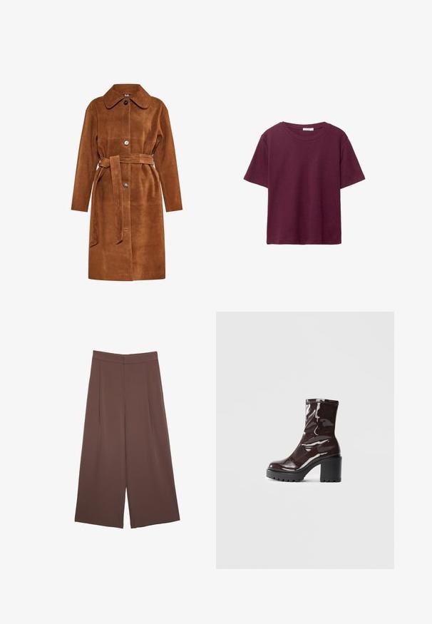 Hnedý semišový trench coat s klasickým golierom, jedným gombíkom na zapínanie a zodpovedajúcim opaskom. Má bočné vrecká a rovný strih.; Burgundské tričko s krátkym rukávom vyrobené z jemnej bavlny. Má klasický okrúhly výstrih a voľný strih. Jednoduchá textúra, bez vzorov alebo akcentov.; Hnedé nohavice so širokými nohavicami a hladkou textúrou, s vysokým pásom a prednými skladmi. Tkanina je ľahká a voľne sa pohybuje.; Lesklé burgundské kotníkové boty s robustním černým podpatkem, s hladkou strukturou a jednoduchým designem. Bez viditelných zapínání nebo vzorů.
