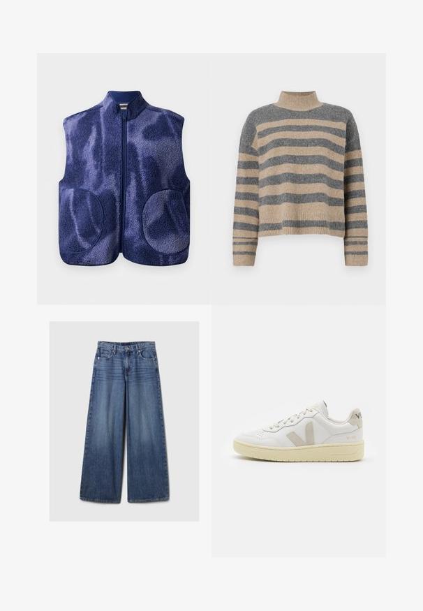 Mornarsko modra flisasta brezrokavnik z dolgim sprednjim zadrgo, dvema zaokroženima sprednjima žepek in visokim ovratnikom, prikazan na belem ozadju.; Prajčast pulover z šivi v sivi in bež barvi, visokim ovratnikom, širokimi manšetami in sproščenim krojem s skrajšano zasnovo.; Široke jeans hlače iz modrega denima z bledečim finišem, z gumbom in zadrgo, petimi žepi in zanko za pas.; Bela usnjena tenisača z bež semiš poudarki, perforiranim prednjim delom, ravnimi vezalkami in strukturiranim kremnim podplatom. Ima diskretno blagovno znamko na peti.