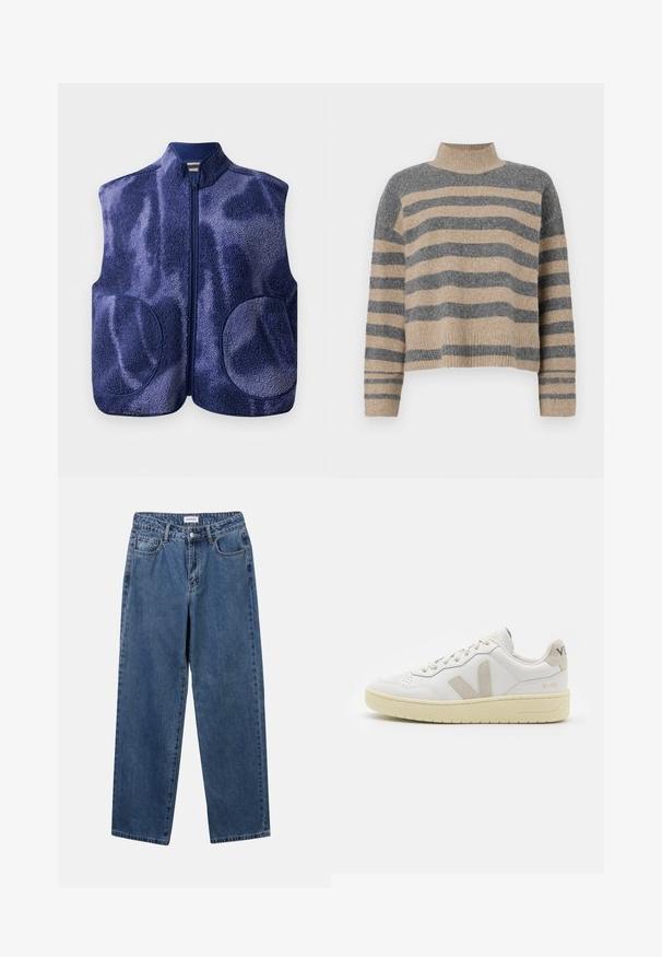 Tamsiai mėlynas pūkinis liemenė su pilnu priekiu užtrauktuku, dviem apvaliais priekiais kišenėmis ir aukštu apykakle, rodomas baltame fone.; Dryžuotas mezginys su pilkos ir smėlio spalvomis, aukštu kaklu, plačiomis rankovėmis su atvartais ir laisvu siluetu, trumpesnio ilgio.; Klasikiniai mėlynos džinsinio audinio džinsai su tiesiomis kojomis, penkiomis kišenėmis ir mygtukų uždarymu. Pasižymi vidutiniu skalbimu ir tvirtu audiniu.; Balti odiniai sportbačiai su kreminiais zomšos akcentais, perforuota pirštų dalimi, plokščiomis raišteliais ir struktūruota kreminėmis padomis. Ant kulno yra subtilus ženklinimas.