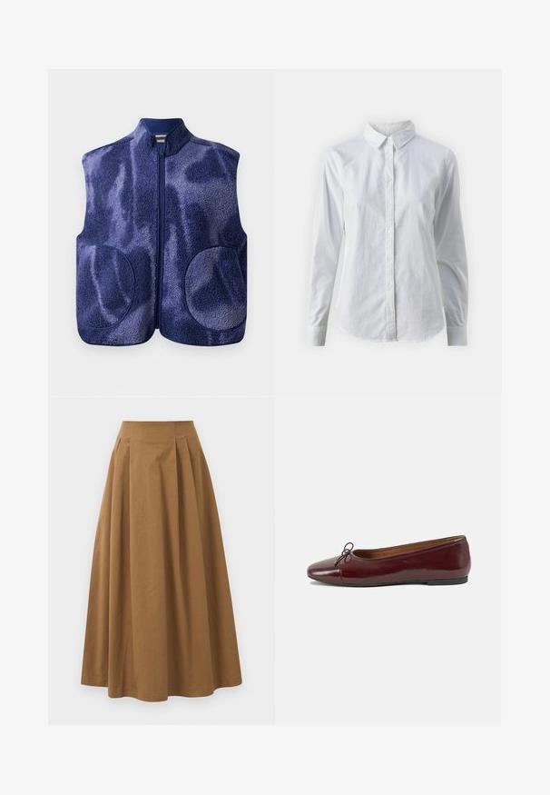 Navy blue fleece vest with full front zipper, two rounded front pockets, and a high collar, displayed on a white background.; White button-up shirt made of smooth cotton, featuring a classic collar, long sleeves, and a curved hem. Buttons are small and white.; Brown cotton A-line skirt with a high waist, featuring pleats down the front and a smooth texture. Hem finishes are clean and simple.; Burgundy patent leather ballet flat with a rounded toe, small bow accent at the front, and a low, black rubber sole. Smooth texture.