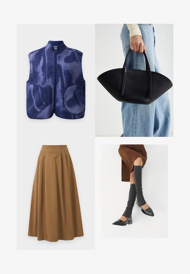 Colete de fleece azul marinho com fecho frontal total, dois bolsos frontais arredondados e um colarinho alto, exposto sobre um fundo branco.; Camisa branca de botão feita de algodão suave, com colarinho clássico, mangas longas e bainha curva. Os botões são pequenos e brancos.; Saia A-line de algodão castanho com cintura alta, apresentando pregas na parte da frente e uma textura suave. As bordas da bainha são limpas e simples.; Sapatos pretos de pele lacada com biqueira pontuda, salto bloco e tiras no tornozelo, combinados com caneleiras cinzas em malha e uma saia de camurça castanha.; Bolsa de mão em couro preto com uma forma única em leque, apresentando alças planas. A superfície tem uma textura pebble e um design minimalista.