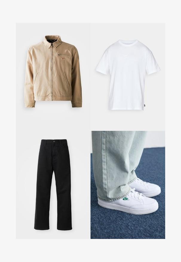 Bežna platnena jakna z zadrgo spredaj, stoječim ovratnikom in dvema stranskima žepoma. Vključuje majhno logotipno nalepko na prsih.; Bela bomba iz bombaža s kratkimi rokavi in okroglo ovratnikom. Ima majhen, diskreten Nike logotip na prsih in stranski etiket.; Črni kavbojki z ravnim krojem, ki imajo sprednje žepke, zadrgo in en zgornji gumb. Teksturovan material z mat zaključkom.; Bela usnjena športna obutev z zelenim Nike logotipom, okrogla konica, ravna podplat, v kombinaciji z svetlo modrimi kavbojkami, prikazana na modrem preprogu.