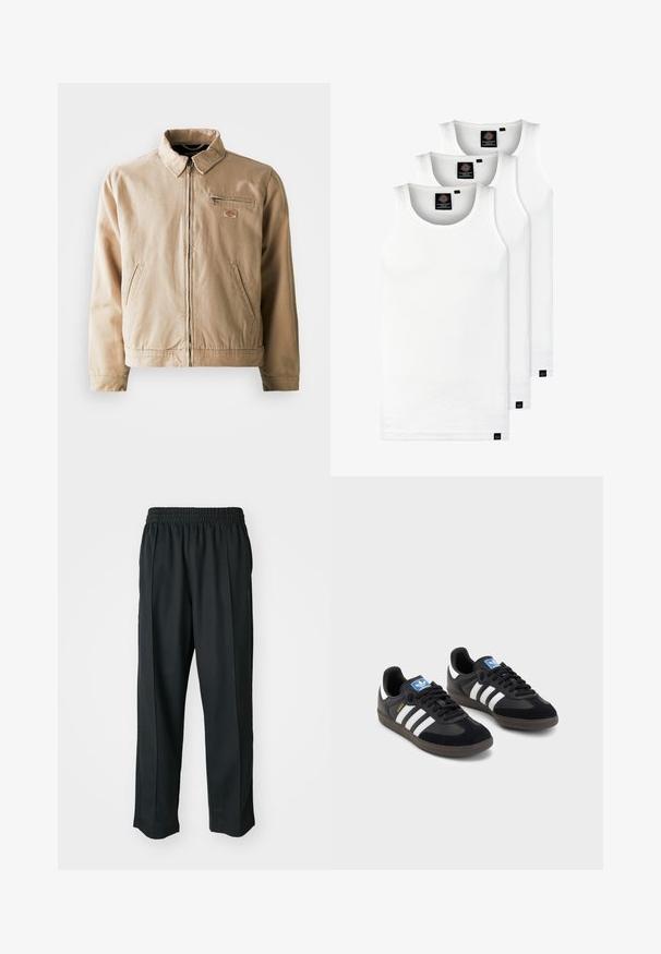 Bež jakna od platna s patentnim zatvaračem sprijeda, stojećim ovratnikom i dva bočna džepa. Uključuje mali logotip na prsima.; Tri bijele rebraste majice bez rukava od pamuka. Imaju okrugli izrez i male crne oznake blizu rubova. Dostupne su u više veličina.; Crne atletske hlače s elastičnim pojasom, izrađene od glatkog materijala, s diskretnim bočnim šavovima i opuštenim krojem, ravne nogavice.; Crne tenisice s gornjim dijelom od antilopa i sintetičkog materijala, s tri bijele pruge, teksturiranom gumenom potplatom i plavom oznakom na jeziku.