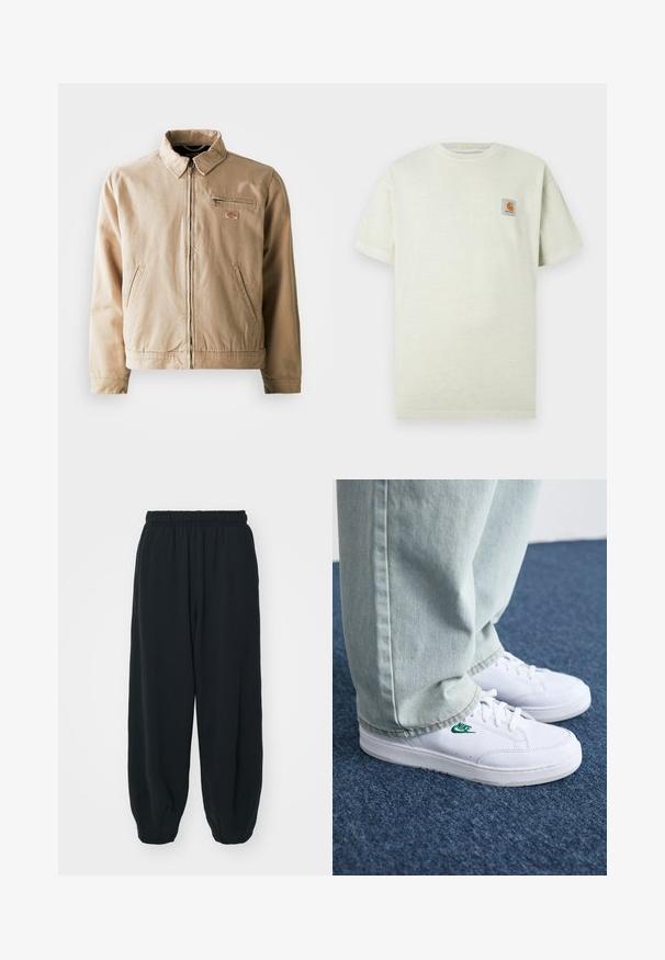 Beige canvas jacket featuring a zip front, stand collar, and two side pockets. Includes a small logo patch on the chest.; Light green cotton t-shirt with short sleeves, round neckline, and a small square patch with a logo on the left chest. Soft texture.; Black, elasticated-waist sweatpants with a loose fit, cuffed ankles, smooth texture, and no visible patterns or hardware accents.; White leather sneakers with green Nike logo, round toe, flat sole, paired with light blue denim pants, shown on a blue carpet.