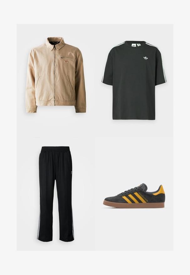 Beige lerretjakke med glidelås foran, stiv krage og to sidelommer. Inkluderer et lite logo-patch på brystet.; Svart t-skjorte i bomull med korte ermer, rund hals og hvite trestripesdetaljer på skuldrene. Har en liten hvit logo på brystet.; Sorte treningsbukser med elastisk midjebånd, med hvite sidestiper og en liten logo. Materialet ser mykt og lett ut.; Sort skinnesko i svart semsket skinn med gule detaljer, med tre striper og en brun gummisåle. Inkluderer en polstret tunge for komfort.