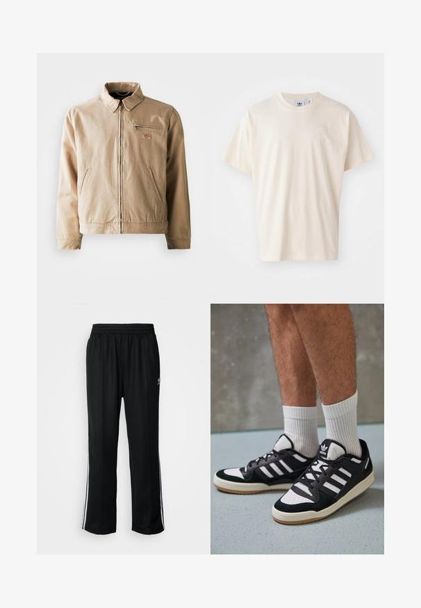 Beige lerretjakke med glidelås foran, stiv krage og to sidelommer. Inkluderer et lite logo-patch på brystet.; Kremfarget bomullst-skjorte med rund hals og korte ermer; har en liten, lysfarget logo på brystet.; Sorte treningsbukser med elastisk midjebånd, med hvite sidestiper og en liten logo. Materialet ser mykt og lett ut.; Sorte og hvite sneakers med overdel i semsket skinn og lær, med tre hvite striper, perforert tå og en såle av gummi.