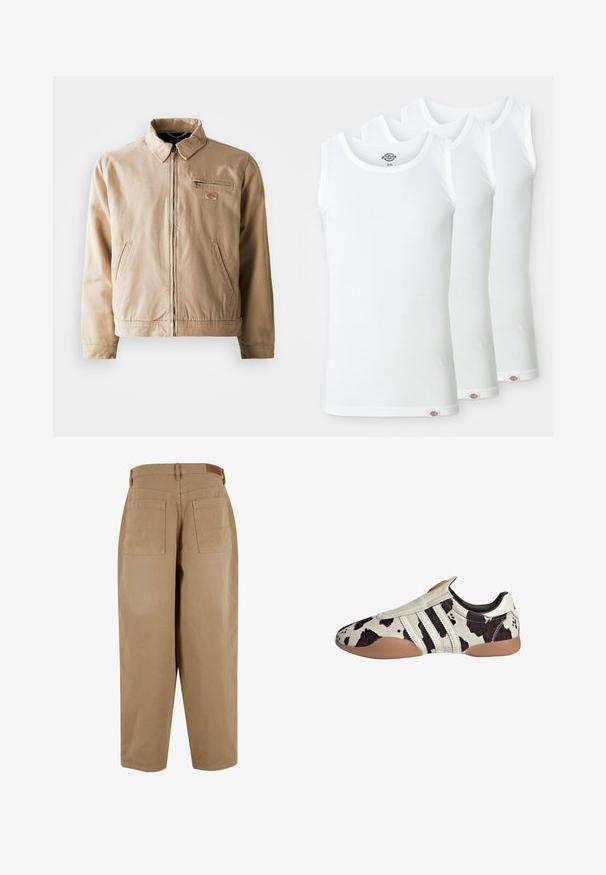 Beige canvas jacket featuring a zip front, stand collar, and two side pockets. Includes a small logo patch on the chest.; Three white tank tops made of ribbed cotton. Each has a round neckline and a small logo tag at the hem. Classic, simple design.; Beige cotton trousers with a loose fit, featuring two back pockets and a waistband tag. The fabric has a smooth texture and minimal detailing.; White and black patterned leather shoes with a textured finish, featuring three white horizontal stripes and a brown rubber sole.