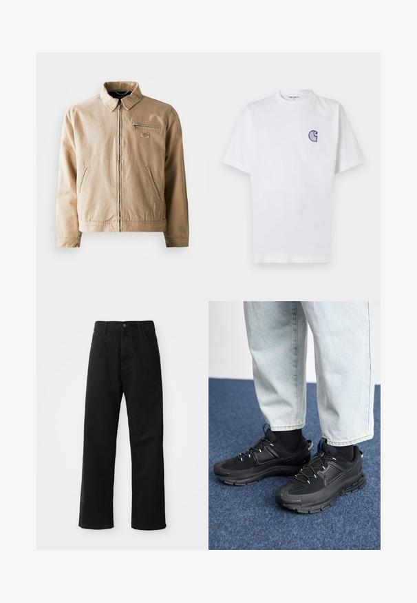 Beige lerretjakke med glidelås foran, stiv krage og to sidelommer. Inkluderer et lite logo-patch på brystet.; Hvit bomulls-T-skjorte med korte ermer, rund hals og en liten, brodert blå "C"-logo på venstre brystområde.; Svart denimbukser med rett snitt, med frontlommer, glidelåsgylf og en enkelt knapp i toppen. Teksturert stoff med matt overflate.; Svarte sportssko med teksturert stoff og gummisåler, med elastiske lisser og en blå detalj på hælen. Brukt med lyse denimbukser.