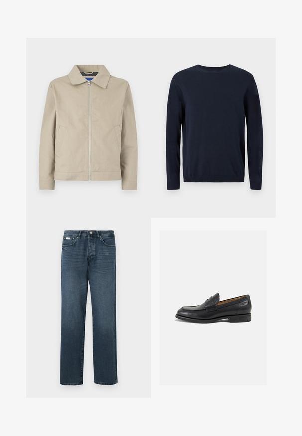 Casaco leve bege com gola, fecho em zíper à frente e bolsos laterais. Feito de um tecido suave, com um design limpo e minimalista.; Sweater de malha azul-marinho com mangas longas, decote redondo e punhos e bainha canelados. Apresenta um pequeno logótipo no peito.; Jeans de ganga azul escuro com corte reto, cinco bolsos, passantes para cinto e fecho com zipper. Textura suave com detalhes de desbotamento sutis.; Mocassins pretos de pele com um acabamento suave, bico redondo e costura decorativa no a parte superior. Salto baixo e empilhado com um ligeiro brilho.