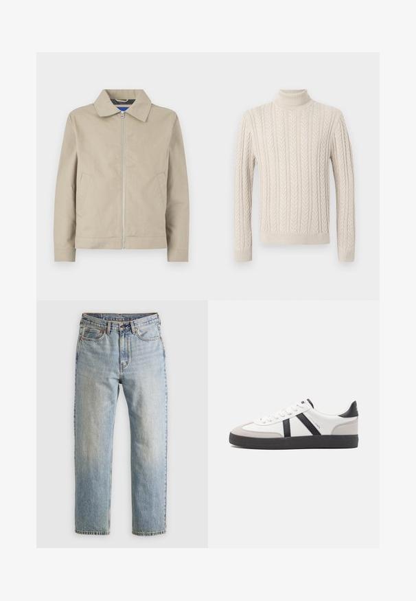 Beige, lightweight jacket featuring a collar, zip front, and side pockets. Made of smooth fabric, with a clean, minimalist design.; Beige, knitted sweater with a high, ribbed turtleneck. Features a textured cable pattern and ribbed cuffs and hem, offering a cozy appearance.; Light blue denim jeans with high waist, front button, zipper, and five-pocket design, laid flat on a neutral background.; White sneaker with black and gray accents, featuring a textured gray toe cap, black rubber sole, and flat white laces. Clean design, minimalist style.