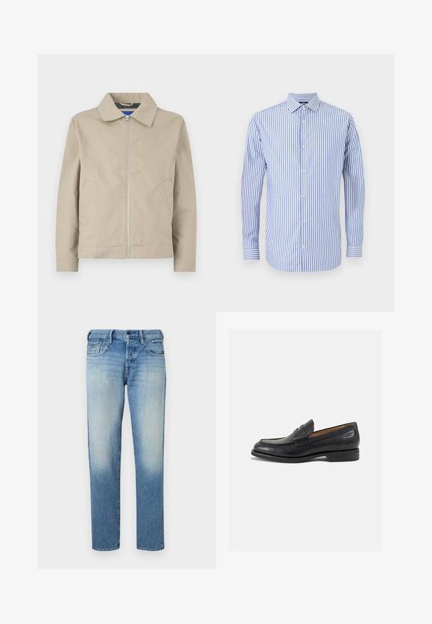 Ljusbeige, lätt jacka med krage, dragkedja fram och sidofickor. Tillverkad av slät tyg, med en ren, minimalistisk design.; Blå och vit randig skjorta med knappar, krage, långa ärmar och rak nederkant. Mjuk tyg och klassisk passform.; Ljusblå denimjeans med en blekt finish, raka ben, fem fickor och knappstängning. Stygn detaljer och varumärkesetikett på baksidan.; Svarta läder loafers med en slät ytfinish, rund tå och dekorativ sömnad på vampen. Låg staplad klack och lätt glans.