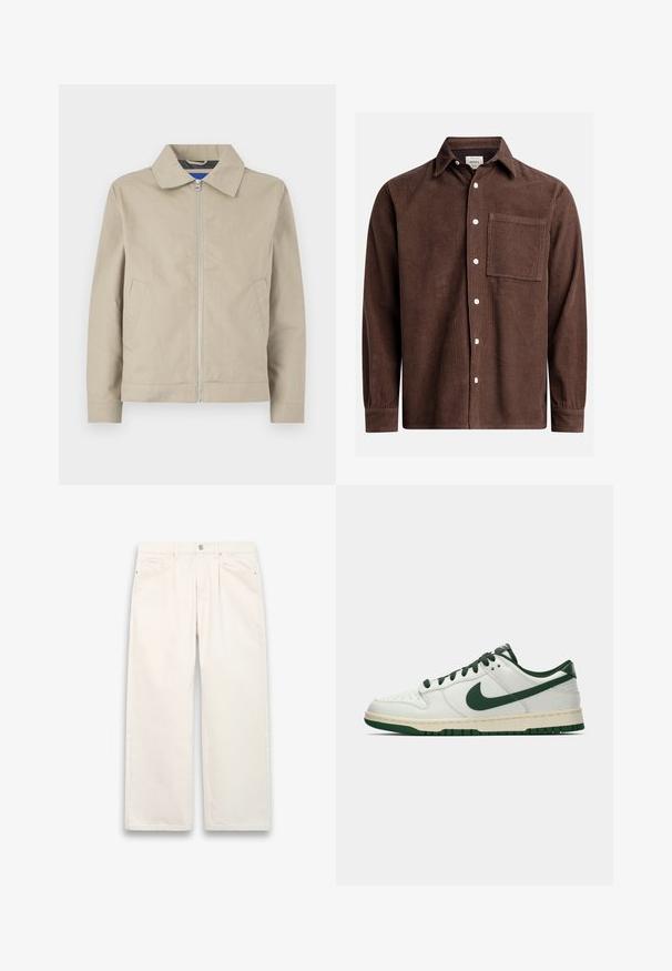 Beige, lightweight jacket featuring a collar, zip front, and side pockets. Made of smooth fabric, with a clean, minimalist design.; Brown corduroy shirt featuring a button-down collar, front pocket, white buttons, and long sleeves with buttoned cuffs. Textured fabric detail.; White wide-leg jeans made of denim, featuring a button closure, five pockets, and subtle stitching details. Clean, minimalist design.; White low-top sneaker with dark green Nike swoosh, laces, and sole accents, shown in profile on a plain white background.